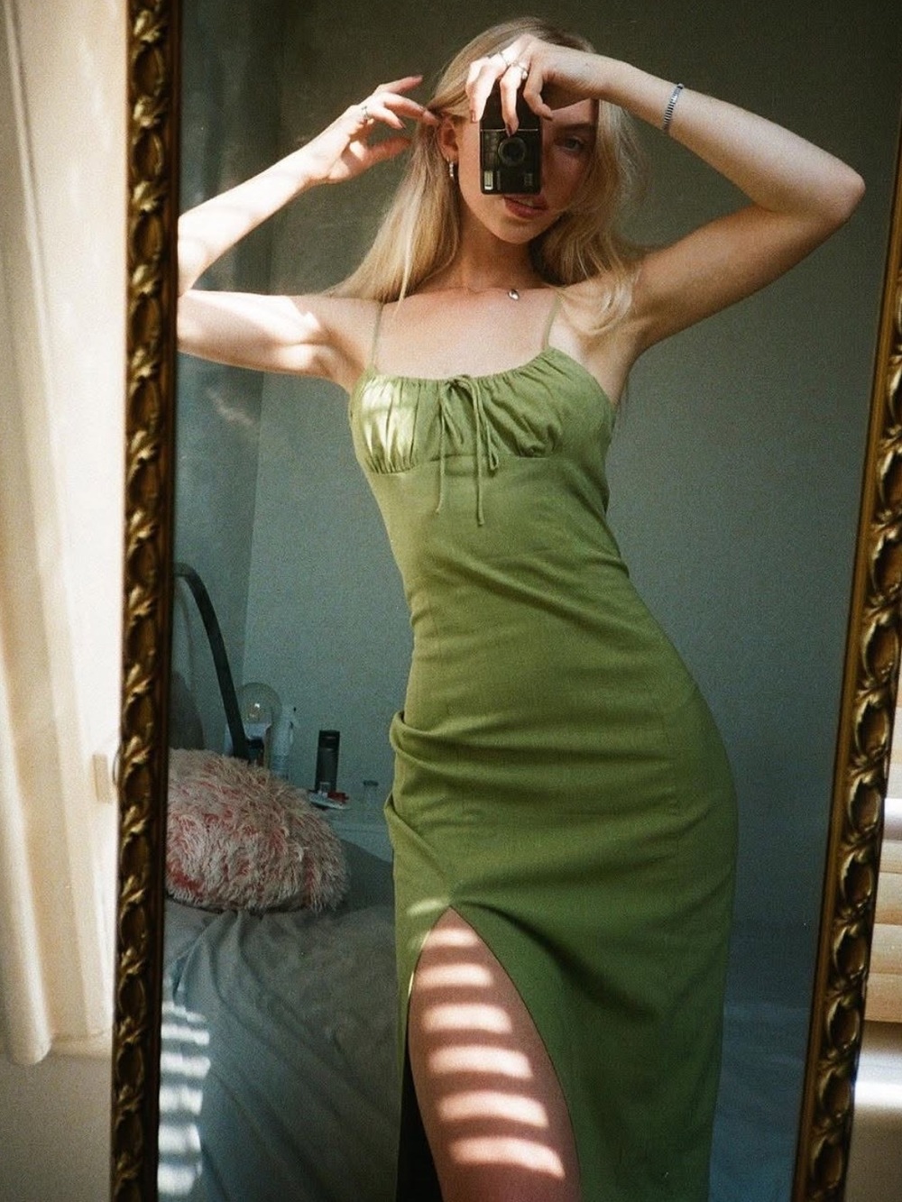 Zara Olive Green Spaghetti-Strap Midi Dress with Front Tie